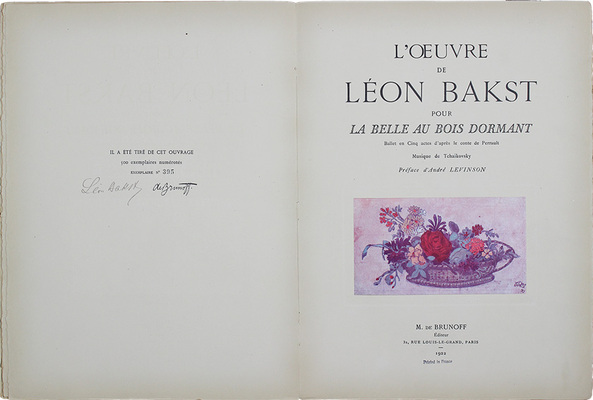 [Рисунки Леона Бакста к балету «Спящая красавица» по сказке Ш. Перро / Музыка П. Чайковского; предисл. Андрея Левинсона]. Paris: Éditeur M. de Brunoff, 1922.